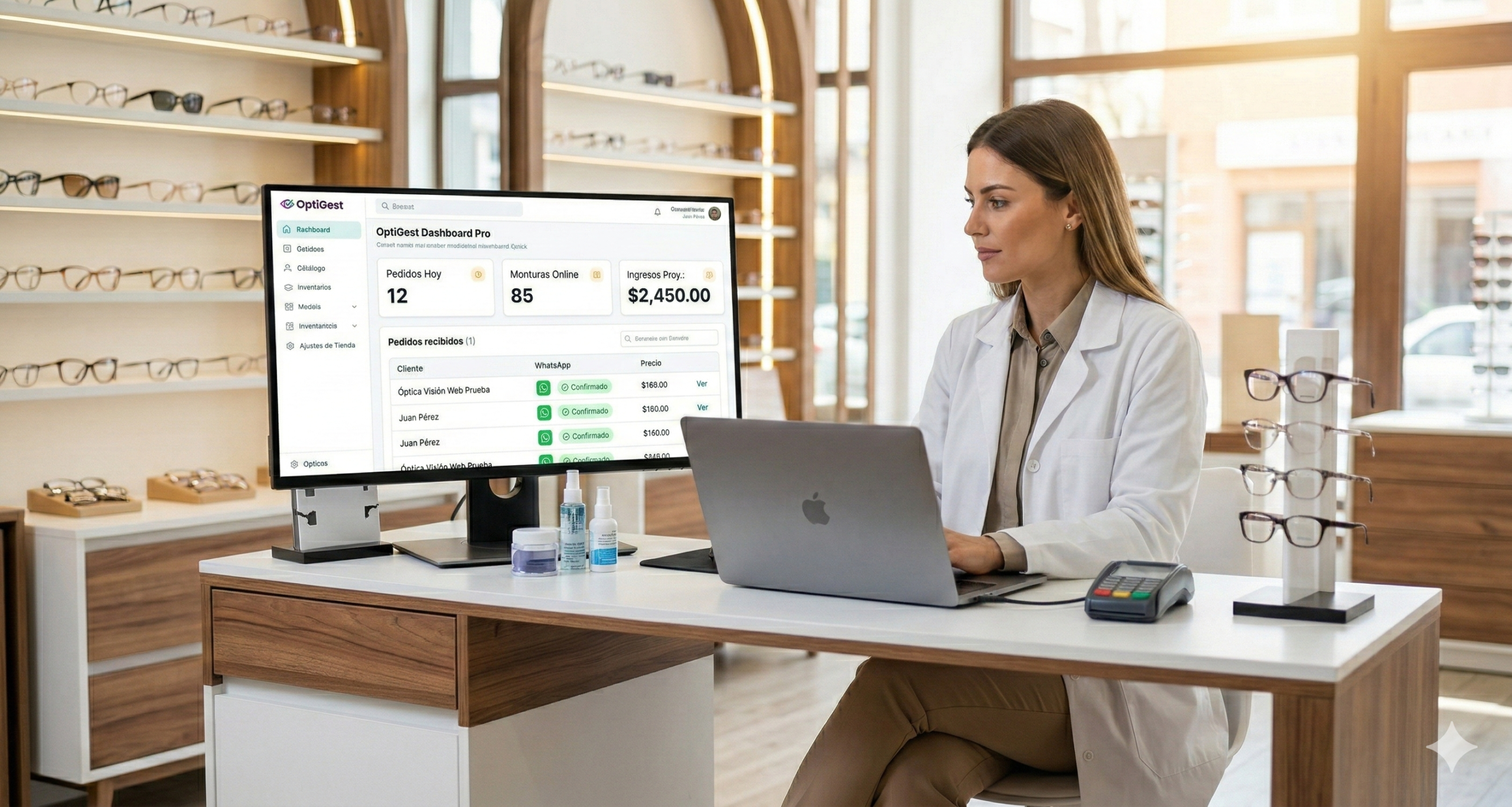Doctora en una óptica profesional gestionando pedidos e inventario usando el dashboard web de OptiGest en una computadora de escritorio