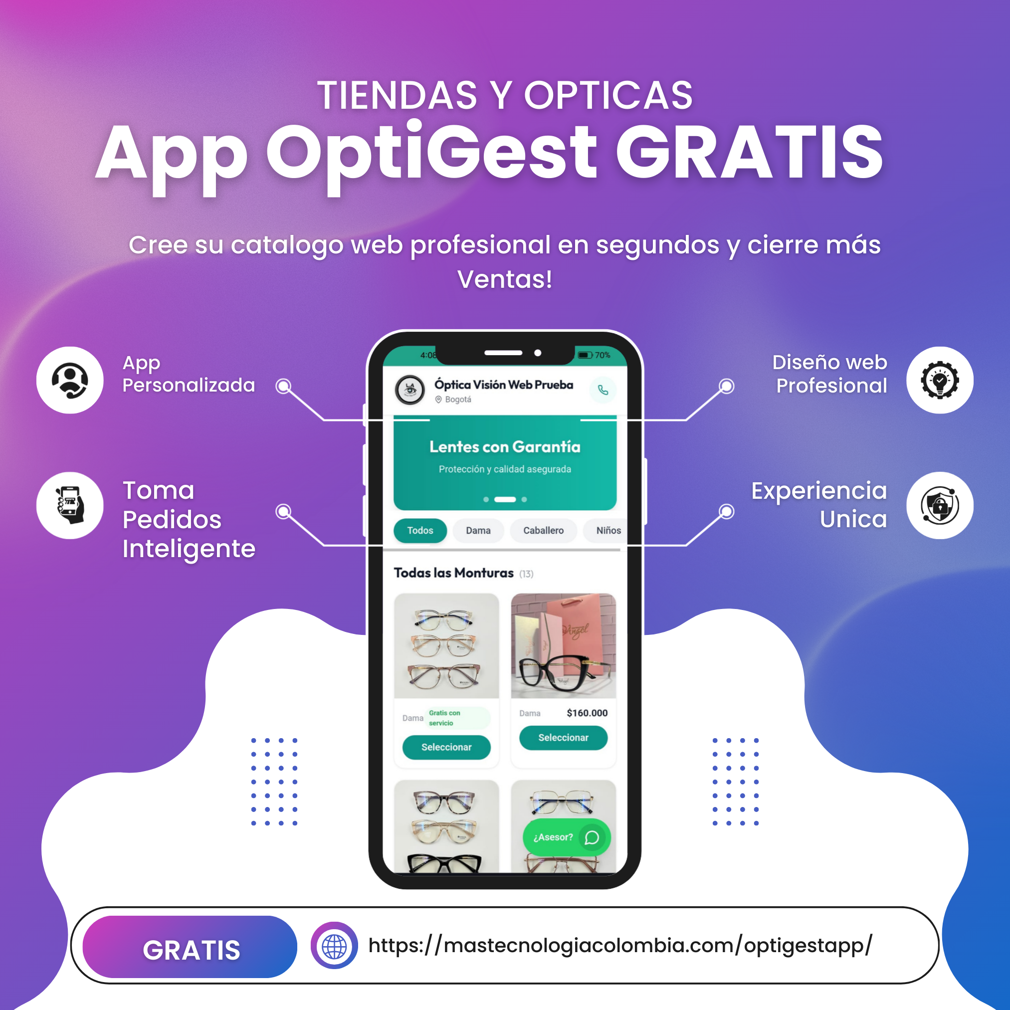 Captura de pantalla de la aplicación móvil OptiGest mostrando catálogo de gafas y gestión de pedidos para ópticas