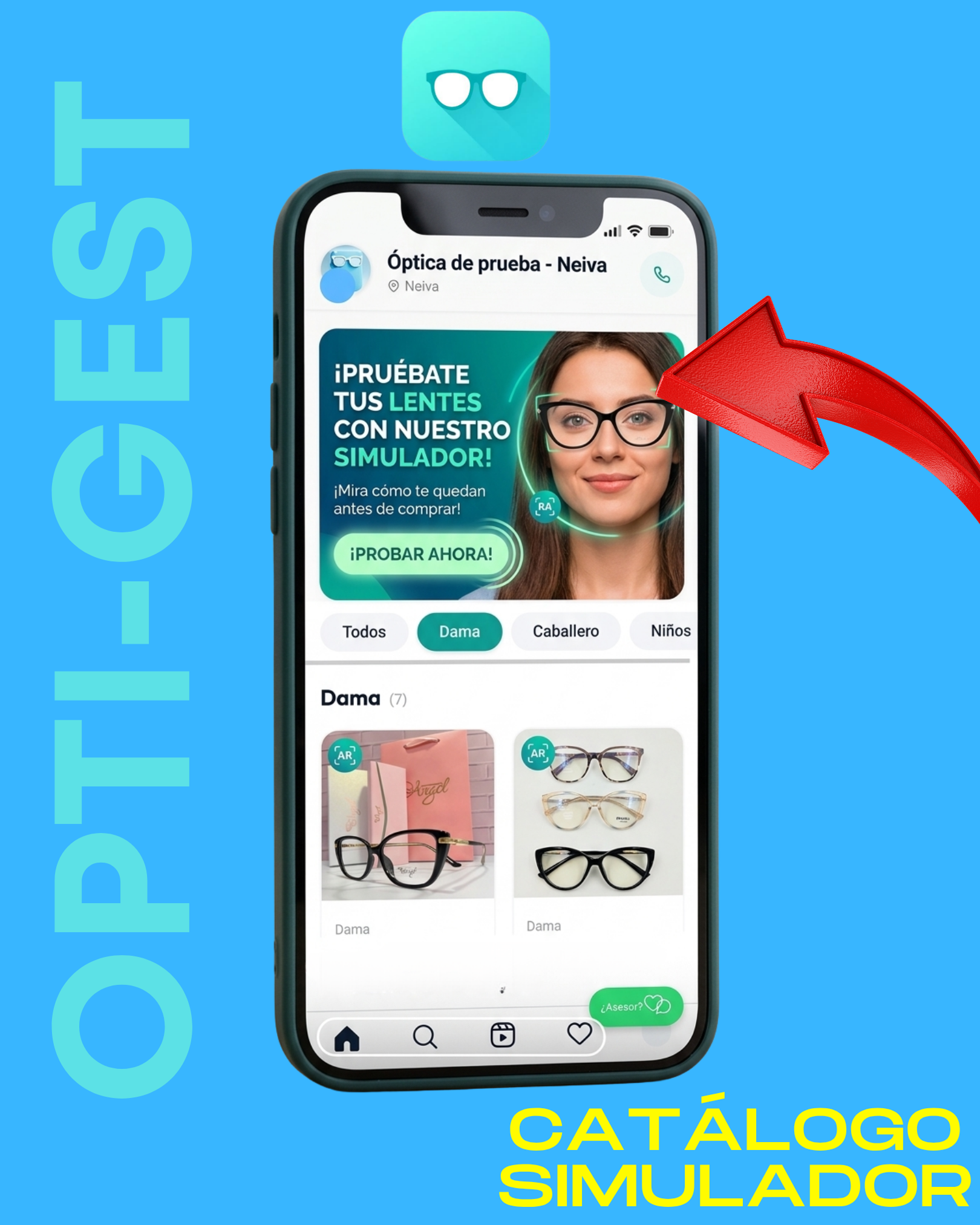 Captura de pantalla de la aplicación móvil OptiGest mostrando catálogo de gafas y gestión de pedidos para ópticas